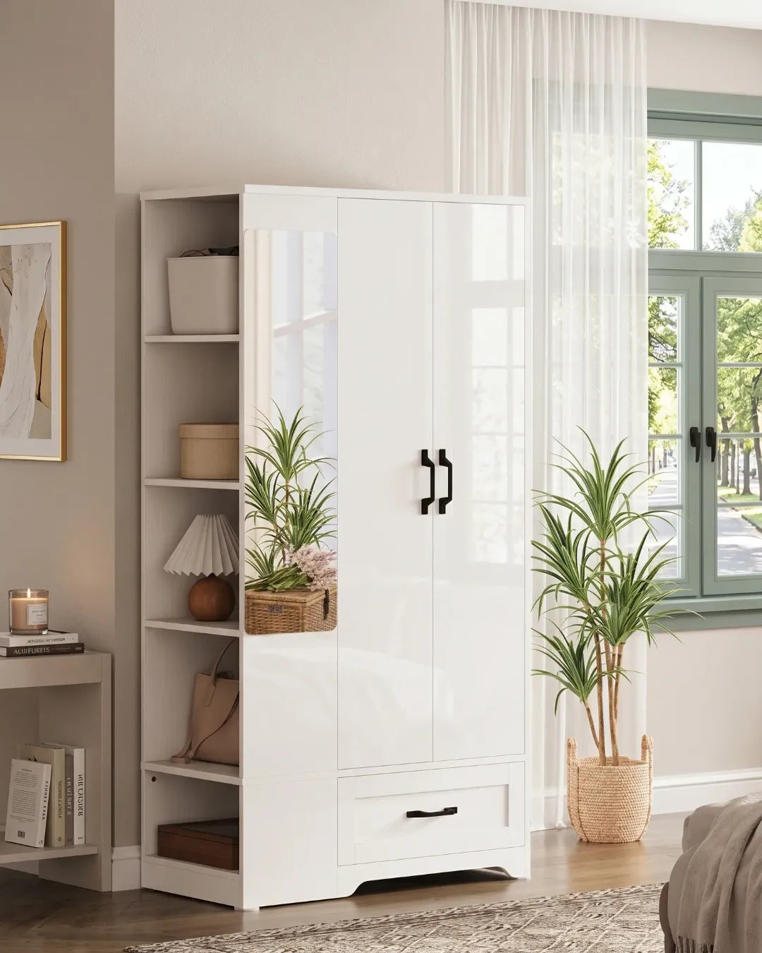 Emma – Garde-Robe Multifonction 178cm avec Miroir, Tiroir et 5 Étagères Latérales Ouvertes