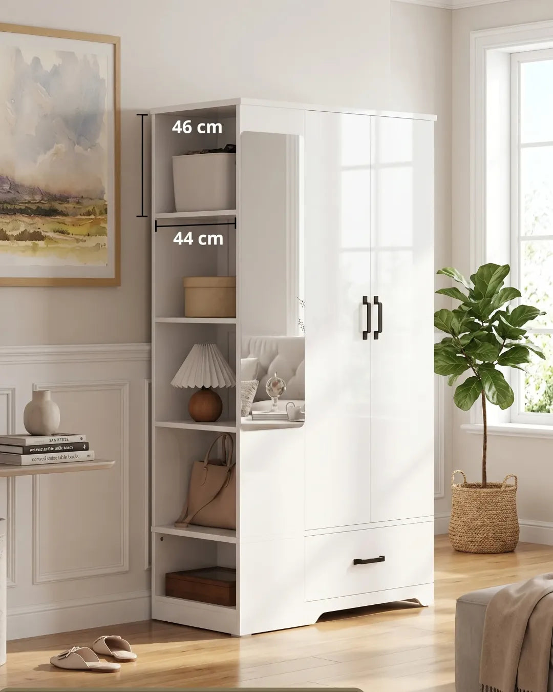 Emma – Garde-Robe Multifonction 178cm avec Miroir, Tiroir et 5 Étagères Latérales Ouvertes, détail dimensions des étagères