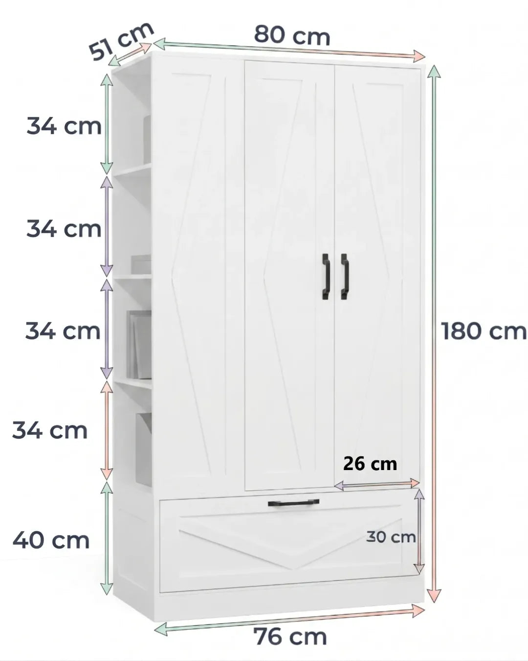 Cléa – Grande Armoire Penderie 180cm avec Étagères Réglables et Grand Tiroir Inférieur , mesures