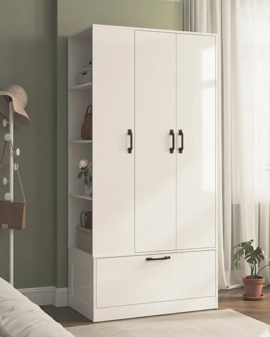 Cléa – Grande Armoire Penderie 180cm avec Étagères Réglables et Grand Tiroir Inférieur