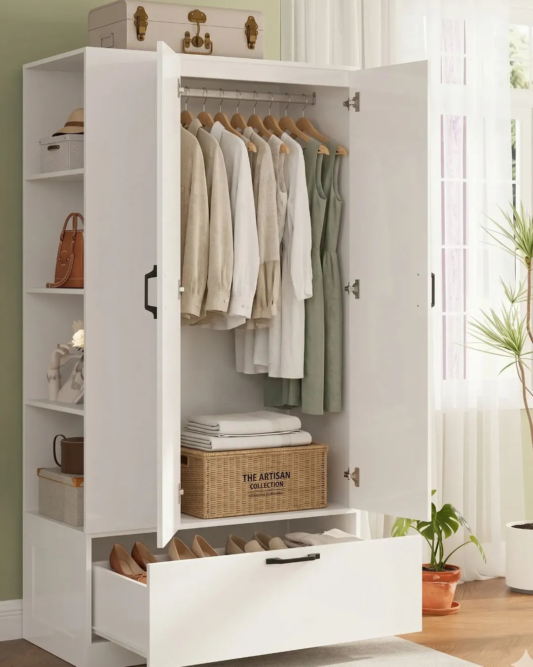 Cléa – Grande Armoire Penderie 180cm avec Étagères Réglables et Grand Tiroir Inférieur ,portes et tiroir ouverts