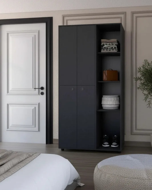 Hugo – Armoire Penderie Hybride 180cm avec 4 Portes, Double Tringle, Tiroir Caché et Étagères Ouvertes, couleur noir