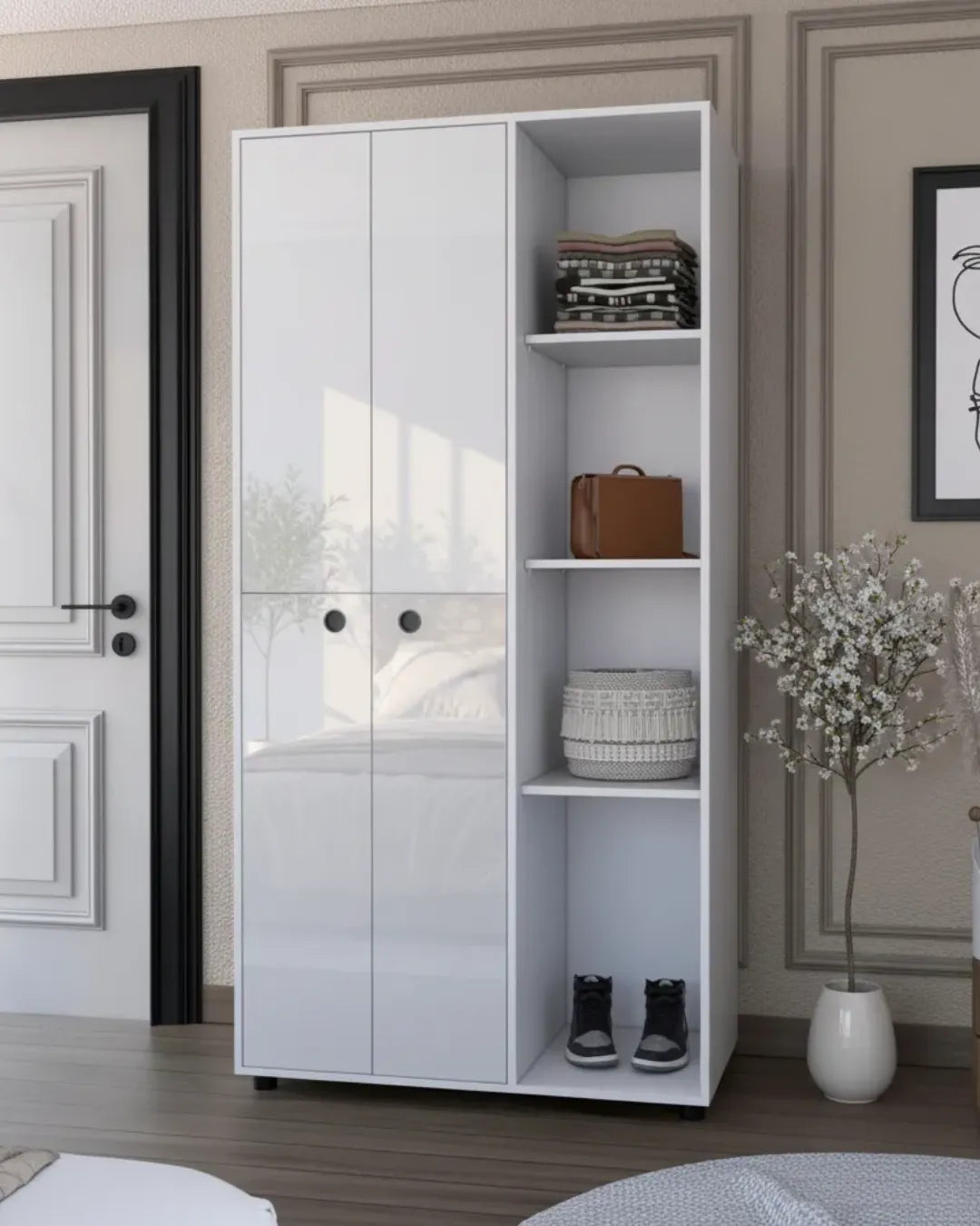 Hugo – Armoire Penderie Hybride 180cm avec 4 Portes, Double Tringle, Tiroir Caché et Étagères Ouvertes, couleur blanc