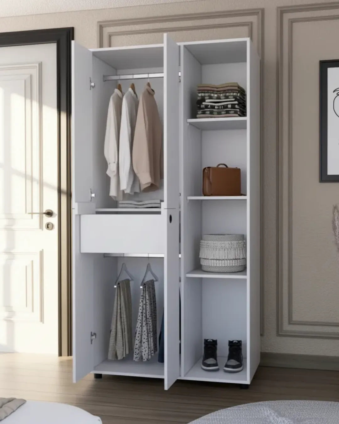 Hugo – Armoire Penderie Hybride 180cm avec 4 Portes, Double Tringle, Tiroir Caché et Étagères Ouvertes en situation de portes ouvertes