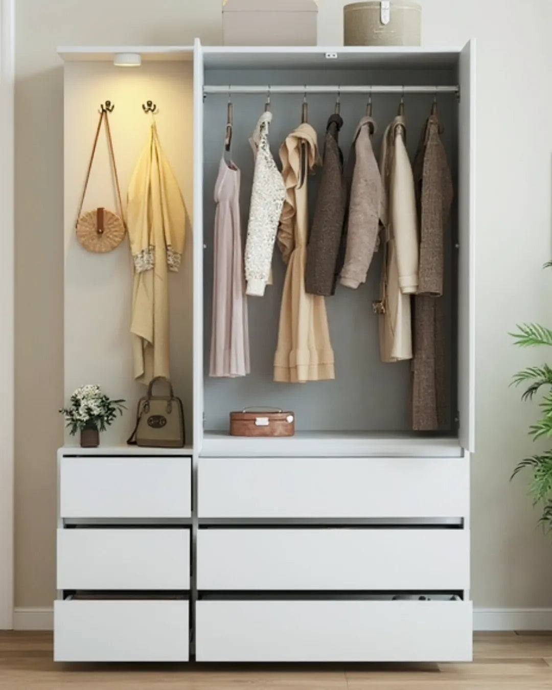 Léandro – Armoire Garde-Robe Multifonction 182cm avec 2 Portes, Penderie, 6 Tiroirs et Étagères Ouvertes
tiroirs ouverts