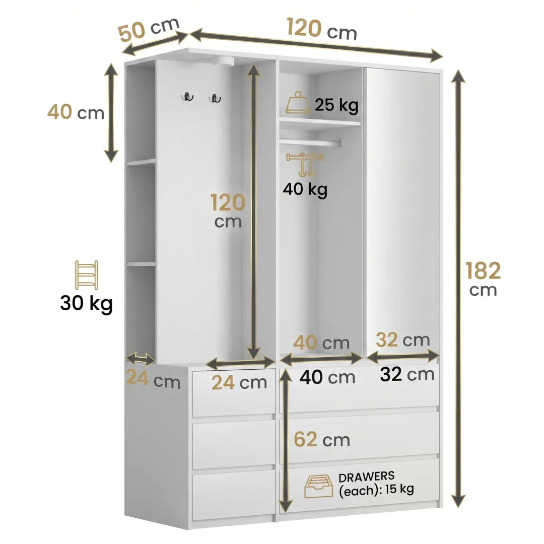Léandro – Armoire Garde-Robe Multifonction 182cm avec 2 Portes, Penderie, 6 Tiroirs et Étagères Ouvertes
dimensions