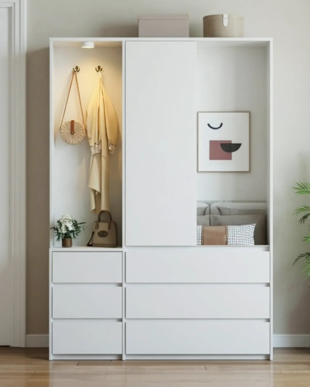 Léandro – Armoire Garde-Robe Multifonction 182cm avec 2 Portes, Penderie, 6 Tiroirs et Étagères Ouvertes
couleur blanc