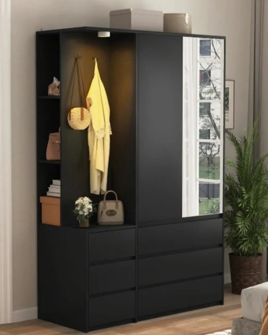 Léandro – Armoire Garde-Robe Multifonction 182cm avec 2 Portes, Penderie, 6 Tiroirs et Étagères Ouvertes
couleur noir