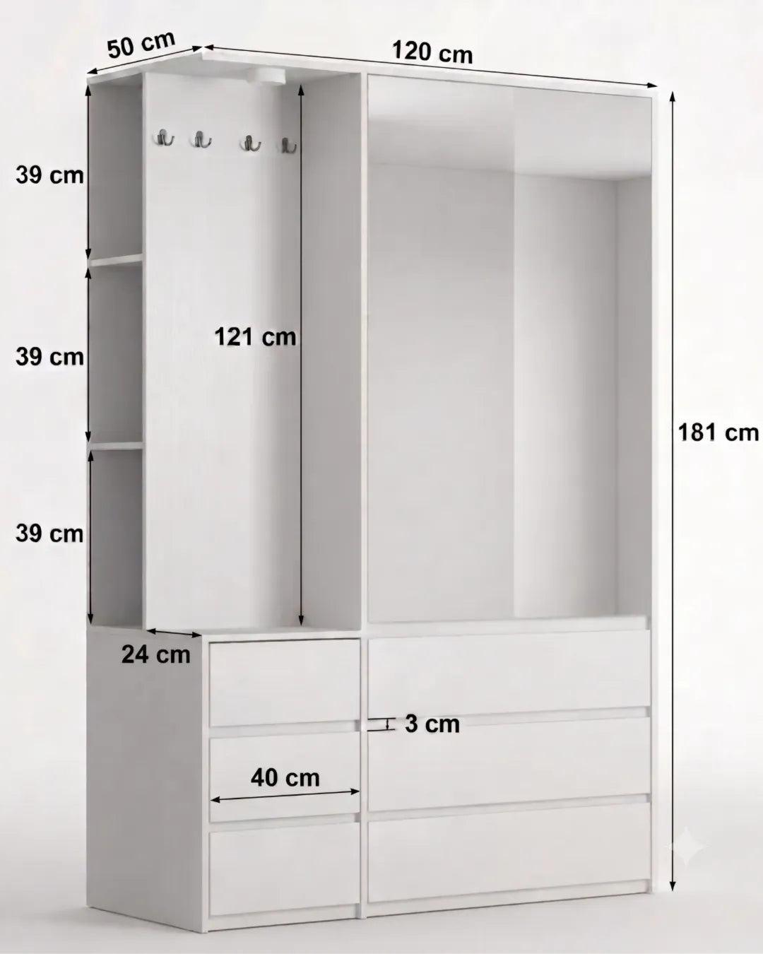 Léandro – Armoire Garde-Robe Multifonction 182cm avec 2 Portes, Penderie, 6 Tiroirs et Étagères Ouvertes