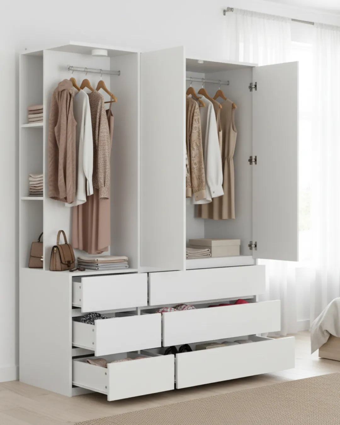 Léandro – Armoire Garde-Robe Multifonction 182cm avec 2 Portes, Penderie, 6 Tiroirs et Étagères Ouvertes
couleur blanc rangements ouverts