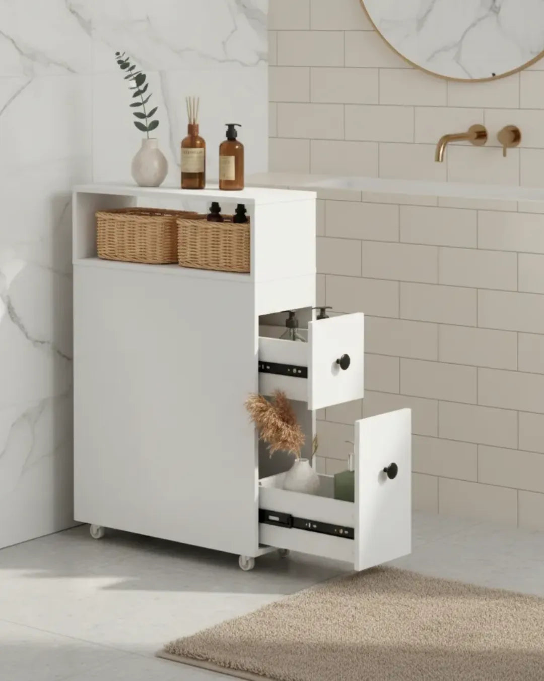 armoire de rangement pour salle de bain et toilettes sur roulettes modèle Oasis couleur  blanc tiroirs ouvert