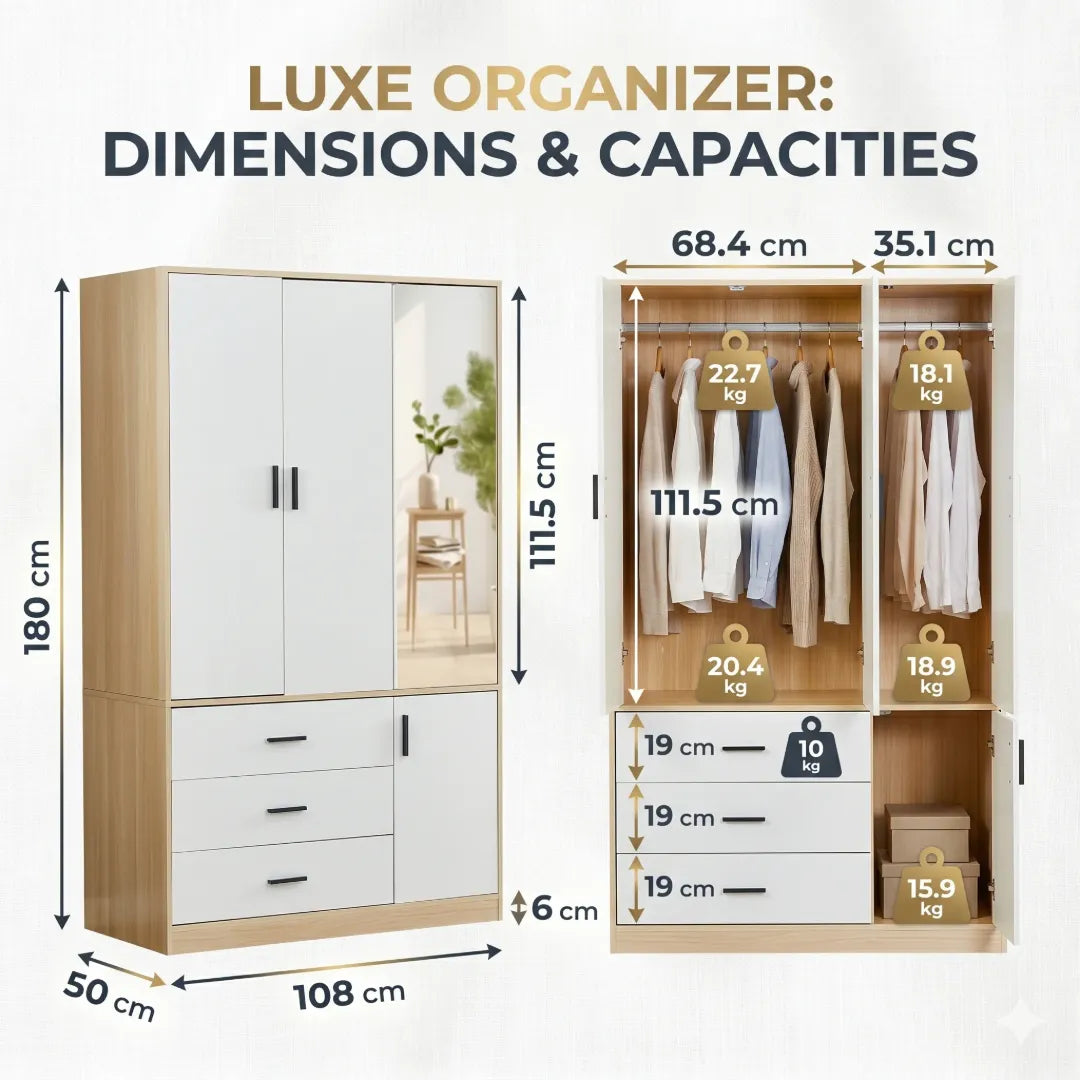 Célia – Armoire Penderie 3 Portes avec Miroir, 3 Tiroirs et Rangement Inférieur (180cm),mesures et dimensions
