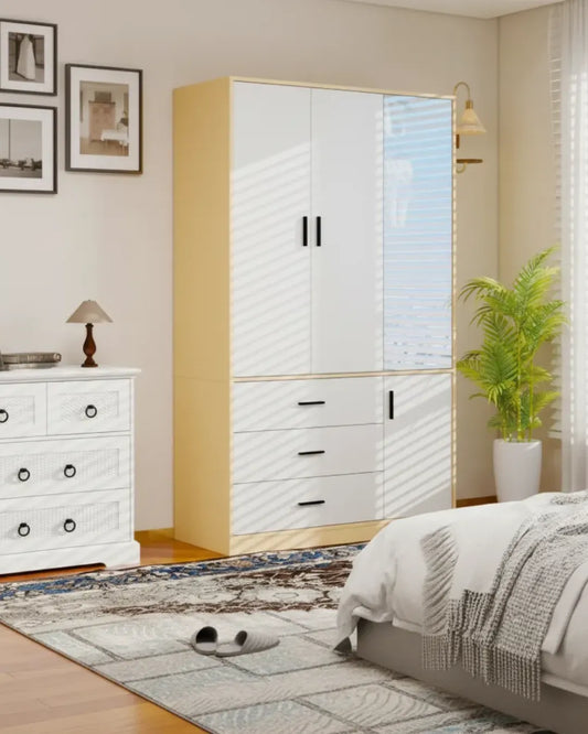 Célia – Armoire Penderie 3 Portes avec Miroir, 3 Tiroirs et Rangement Inférieur (180cm)