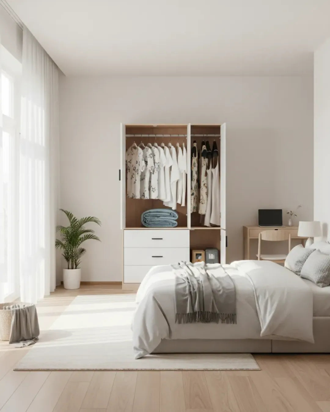 Célia – Armoire Penderie 3 Portes avec Miroir, 3 Tiroirs et Rangement Inférieur (180cm) ,rangements ouverts