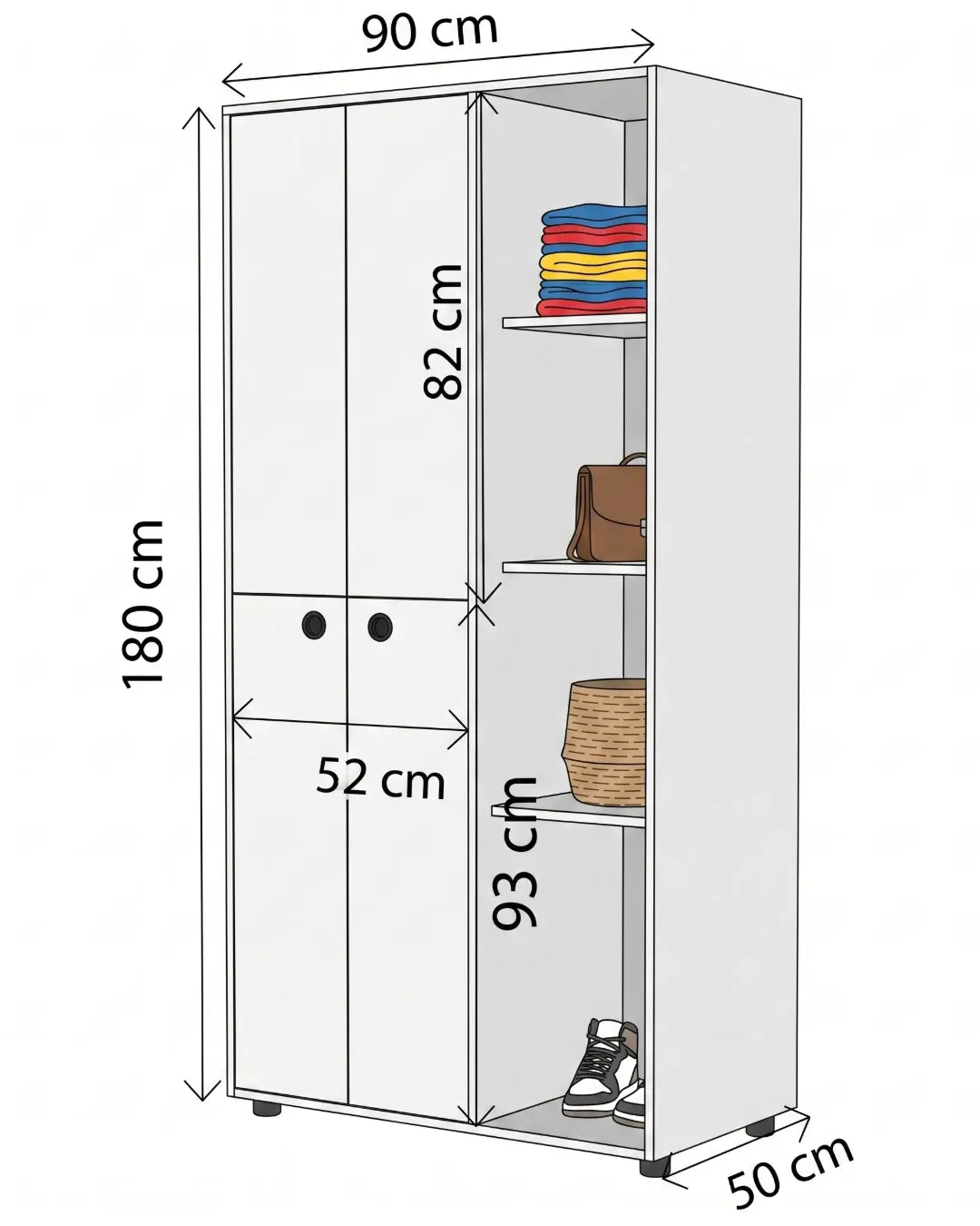 Hugo – Armoire Penderie Hybride 180cm avec 4 Portes, Double Tringle, Tiroir Caché et Étagères Ouvertes, dimensions