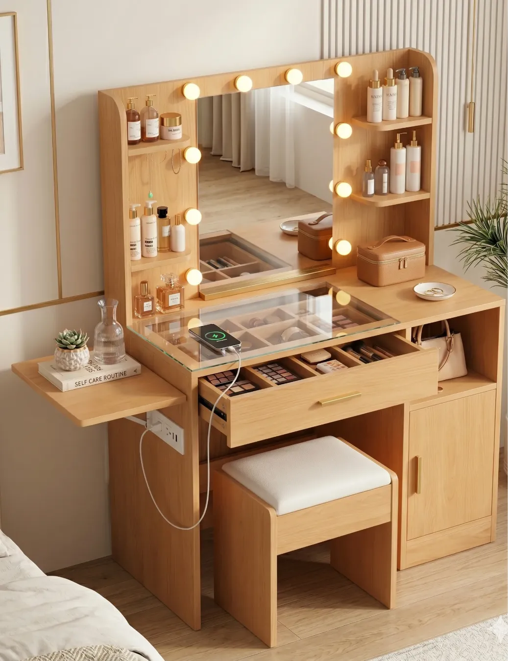 coiffeuse modèle Aria couleur beech tiroir ouvert et tabouret rangé