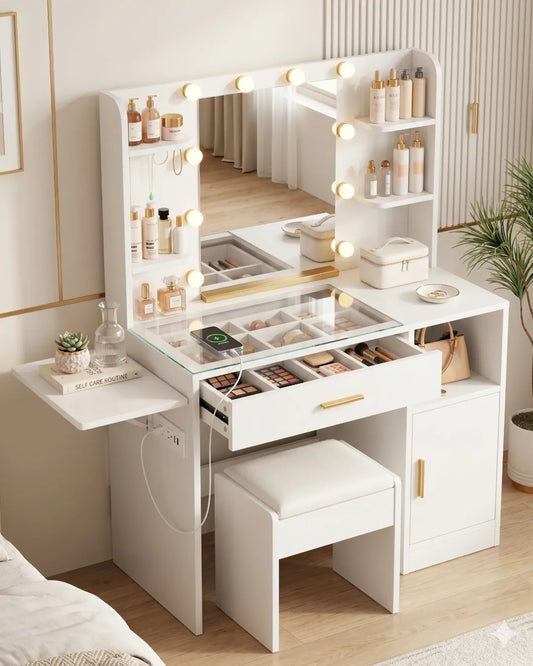 coiffeuse modèle Aria couleur blanc tiroir ouvert tabouret rangé