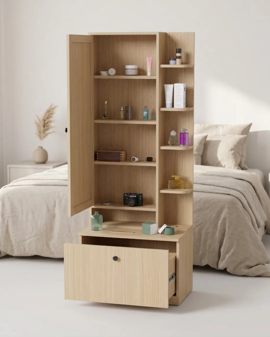 armoire et coiffeuse modèle Aura couleur chêne dans une chambre