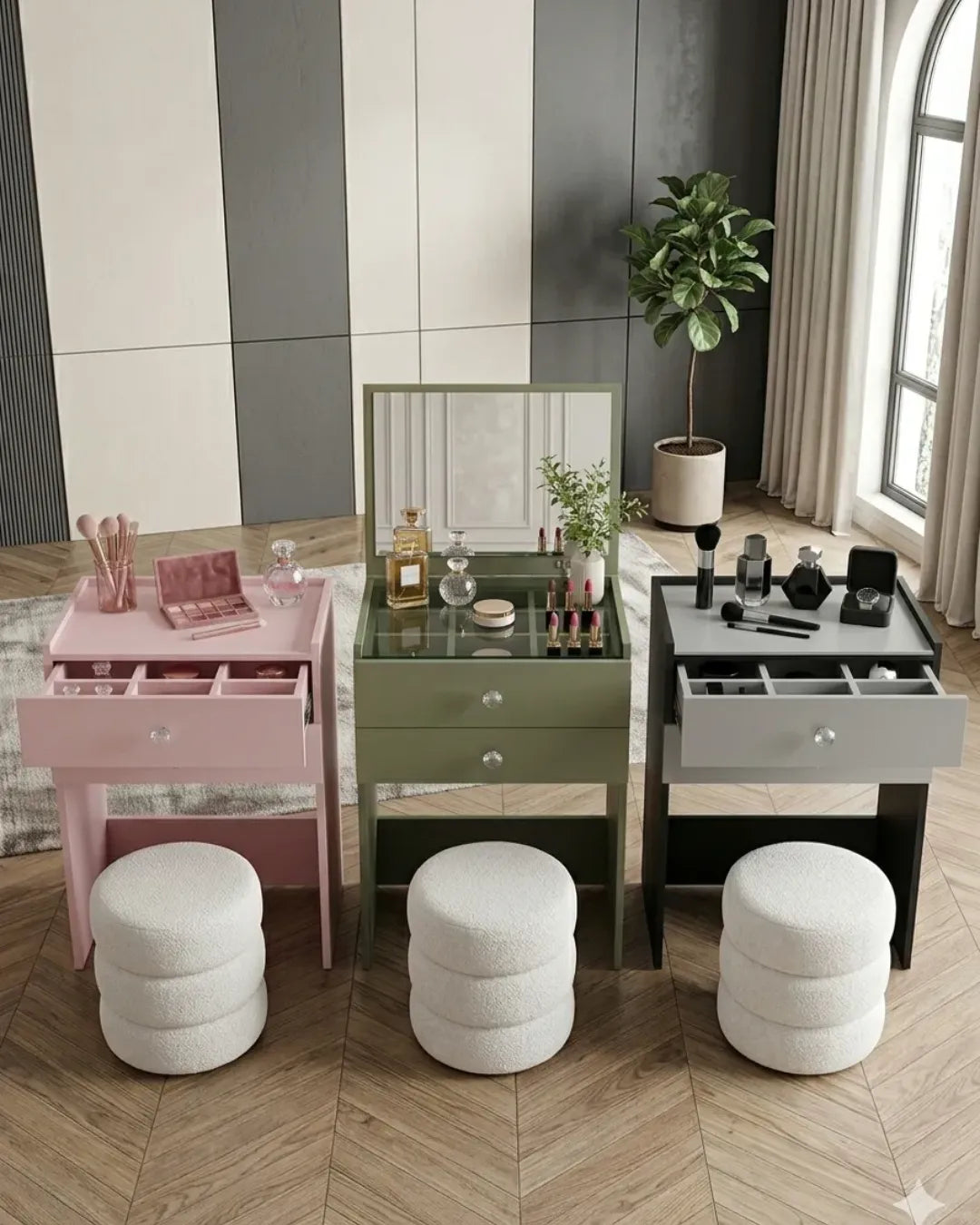 présentation du modèle de coiffeuse Cleo en  mode ouvert et fermé