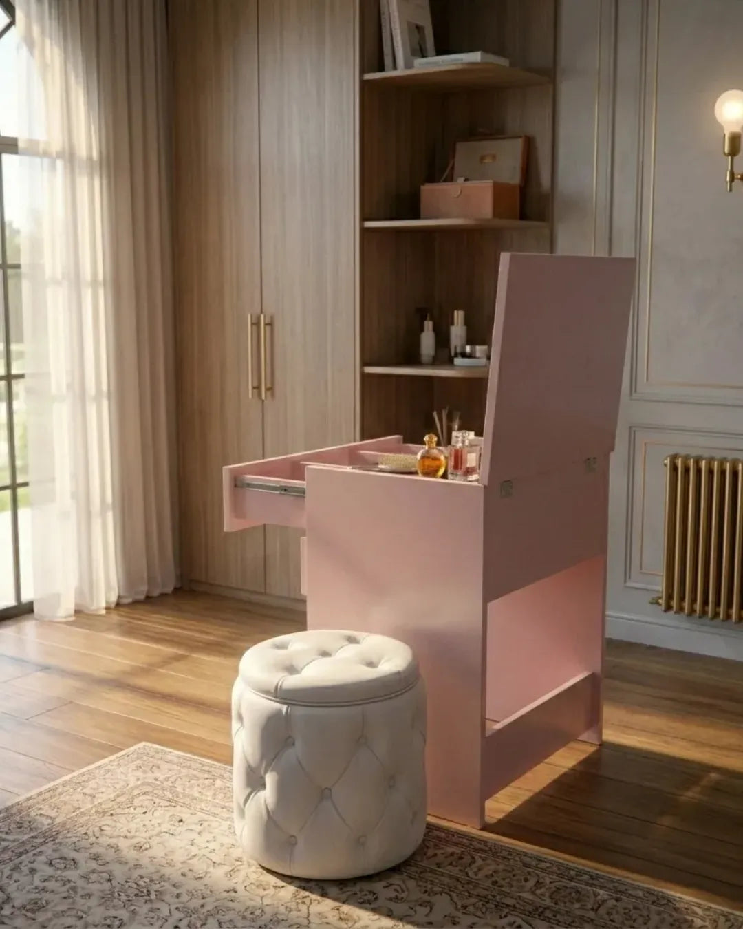 coiffeuse modèle Cleo couleur rose vue  latérale et arrière en mode ouvert