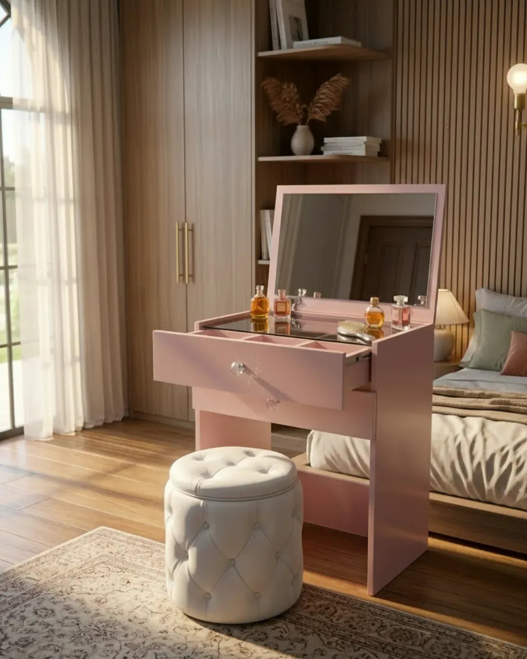 coiffeuse modèle Cleo couleur rose vue de  face ouverte dans une chambre