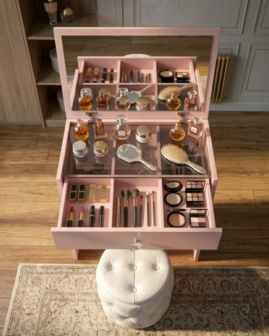 coiffeuse modèle Cleo  détail sur le miroir ,le plateau supérieur et le tiroir supérieur