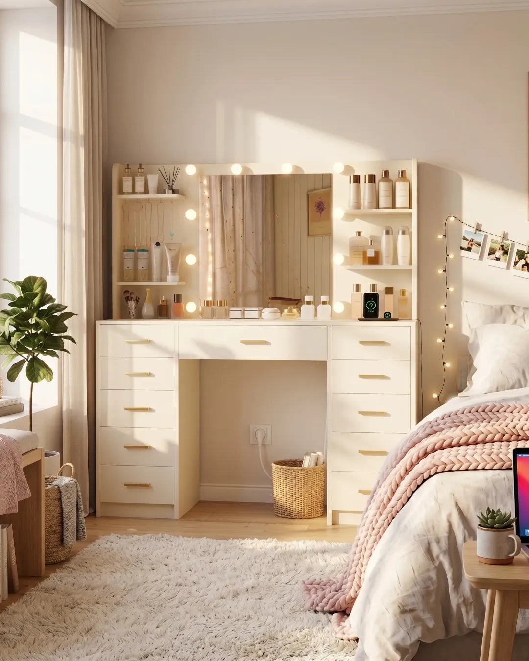 coiffeuse modèle Eleanor couleur crème dans une chambre
