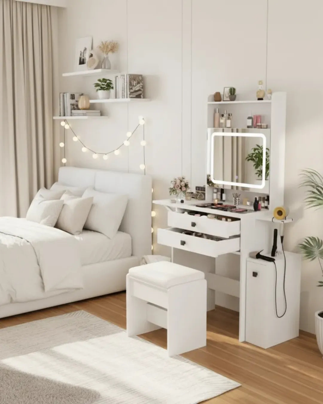 coiffeuse modèle Lumina couleur blanc tiroirs ouverts  miroir LED allumé dans une chambre