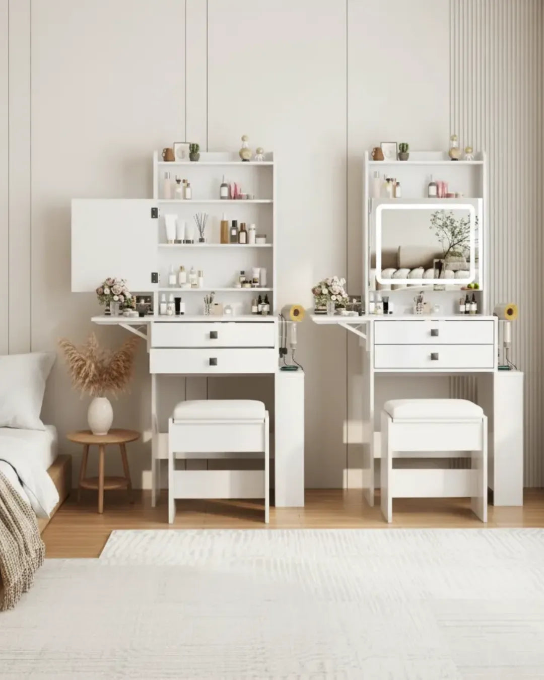 image comparative  de la coiffeuse modèle Lumina  ,montrant le compartiment miroir ouvert  et fermé