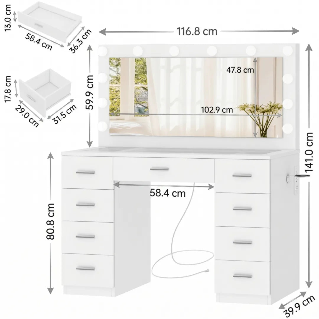 Victoria – Grande Coiffeuse Studio avec Miroir Panoramique LED, Plateau en Verre et Station de Charge