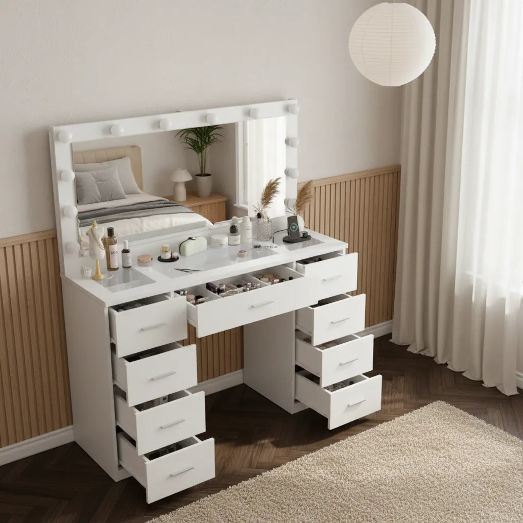 coiffeuse modèle victoria couleur blanc rangements ouverts