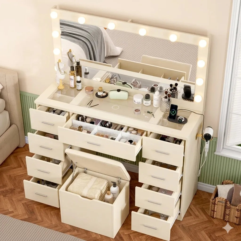 coiffeuse modèle Victoria couleur  vanille rangements ouverts