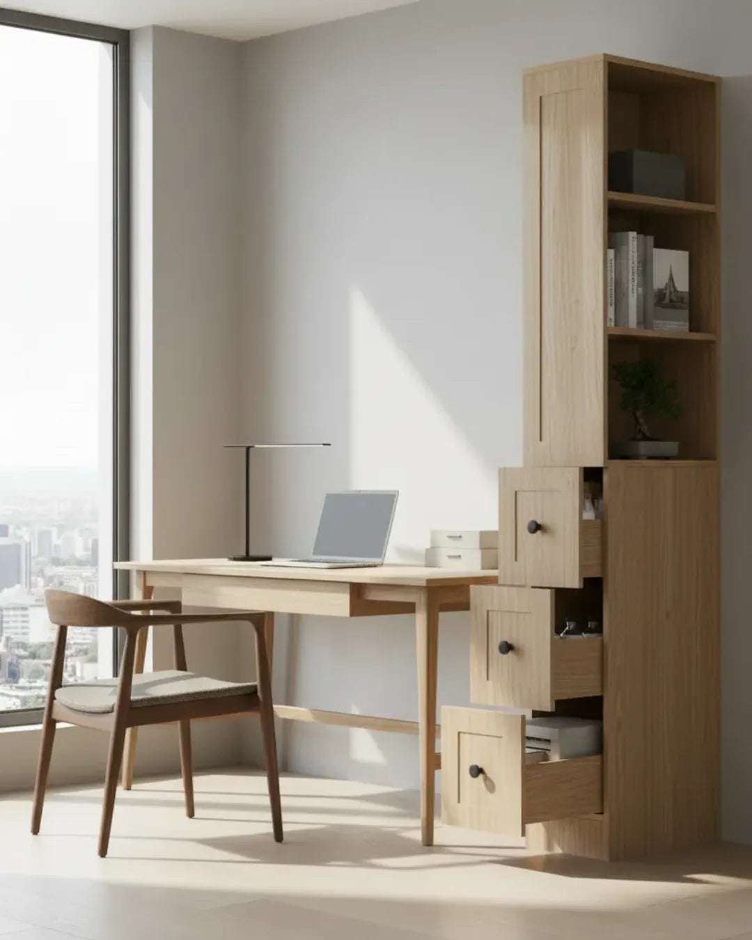 Gaspard – Colonne de Rangement Fine pour Salon & Bureau (170cm) avec Bibliothèque et 3 Tiroirs couleur chêne dans un bureau