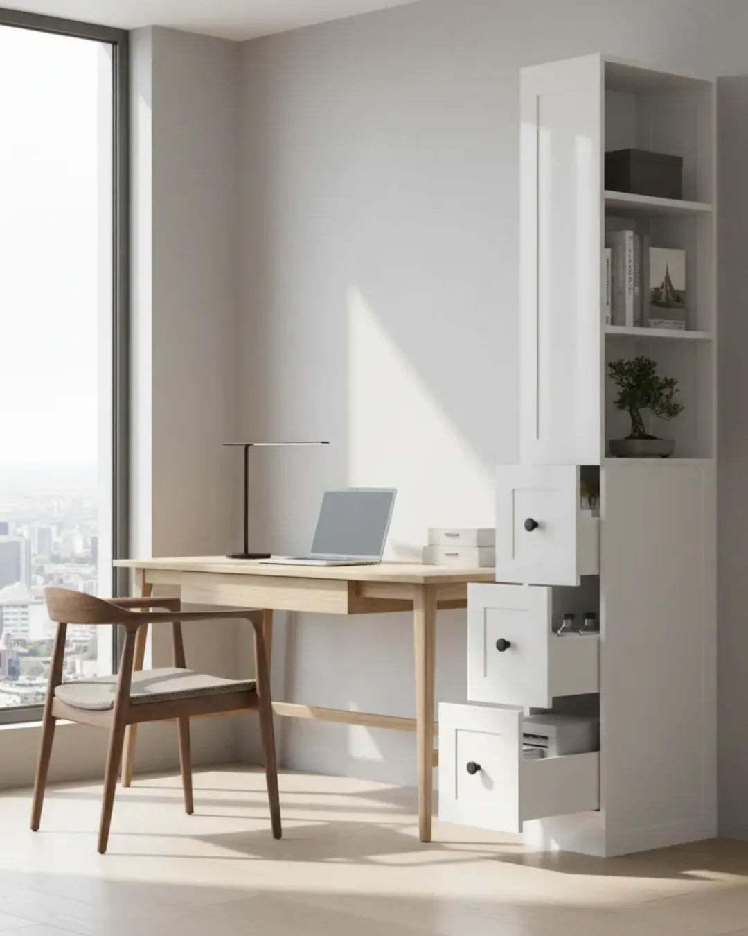 Gaspard – Colonne de Rangement Fine pour Salon & Bureau (170cm) avec Bibliothèque et 3 Tiroirs couleur blanc dans un bureau