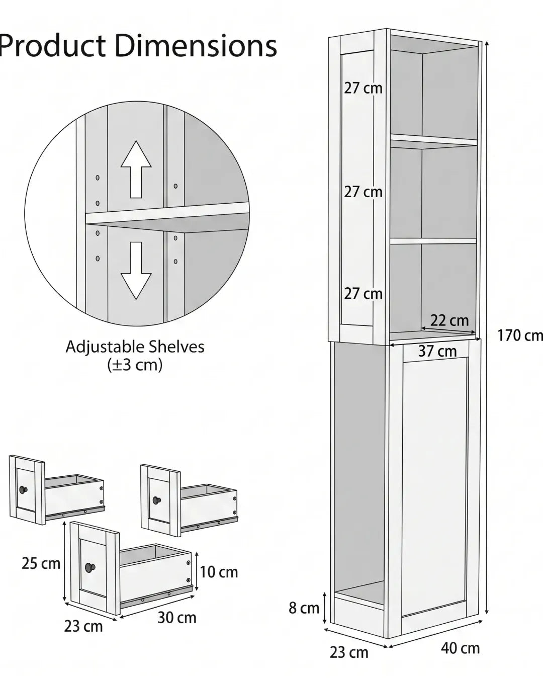 Gaspard – Colonne de Rangement Fine pour Salon & Bureau (170cm) avec Bibliothèque et 3 Tiroirs mesures et dimensions