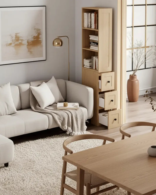 Gaspard – Colonne de Rangement Fine pour Salon & Bureau (170cm) avec Bibliothèque et 3 Tiroirs, couleur  chêne dans un salon