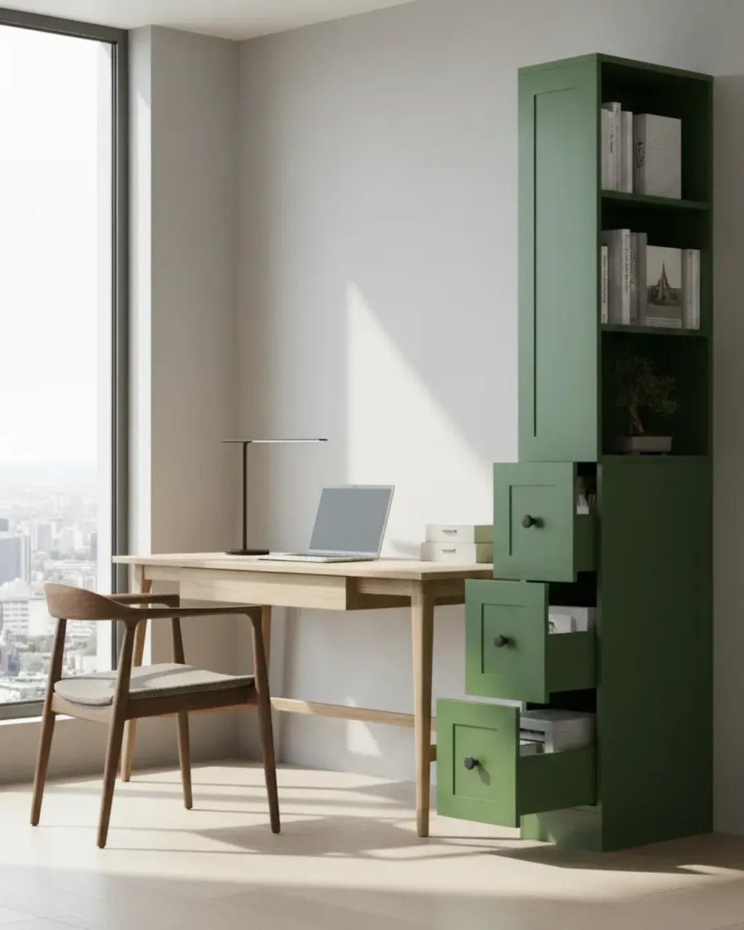 Gaspard – Colonne de Rangement Fine pour Salon & Bureau (170cm) avec Bibliothèque et 3 Tiroirs couleur vert dans un bureau