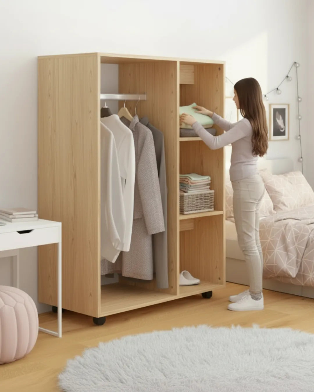 armoire penderie sur roulettes modèle Léon couleur chêne possibilités de rangement