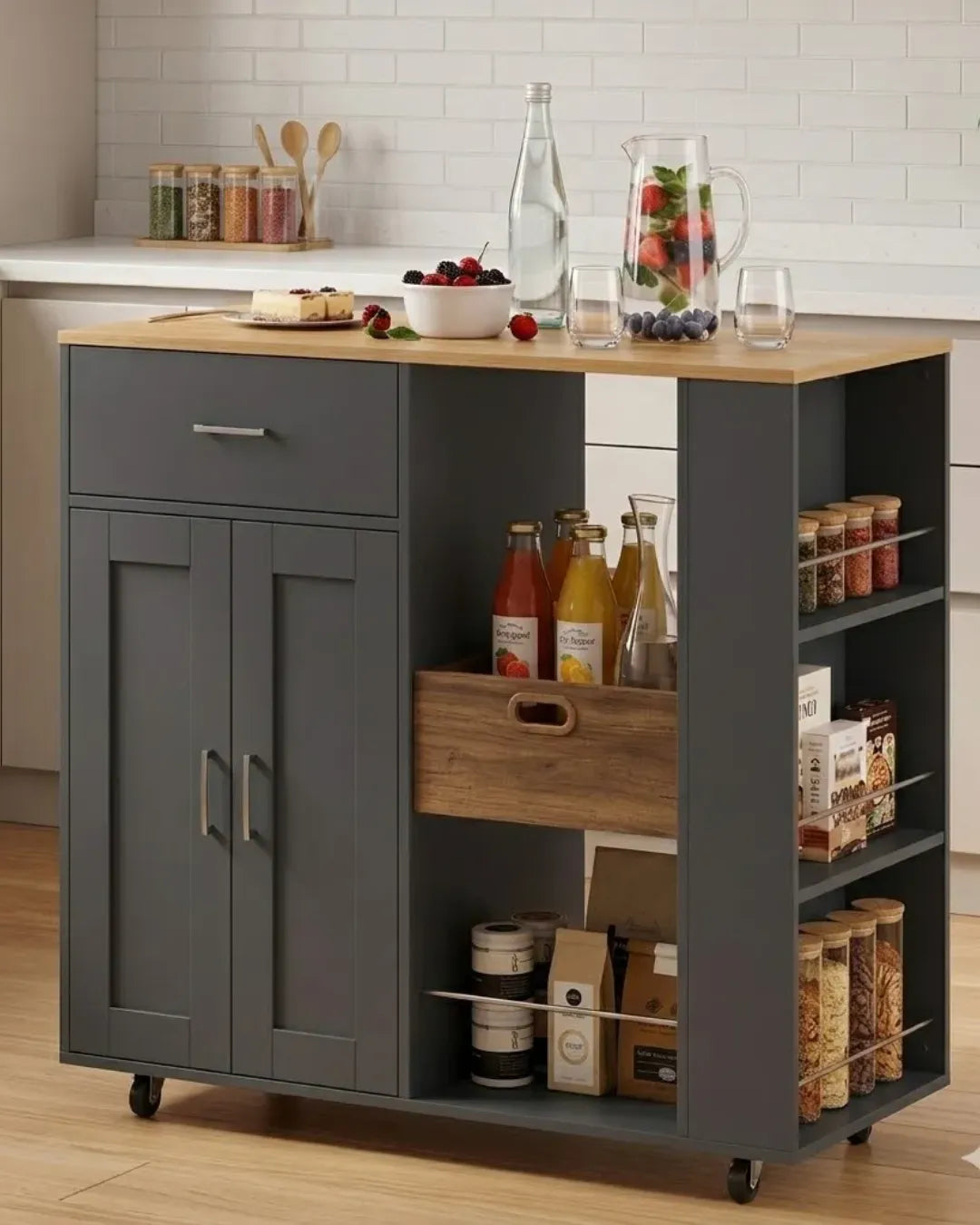 ilot de cuisine mobile modèle Alba couleur gris et chêne portes fermées