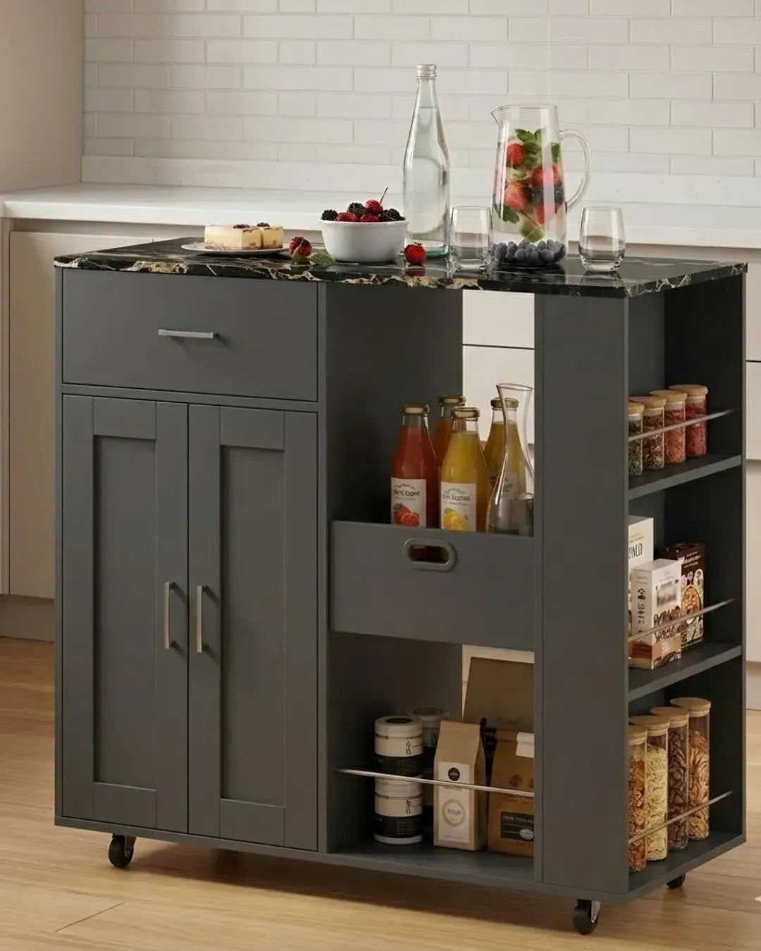 ilot de cuisine mobile modèle Alba couleur gris et marbre noir portes fermées