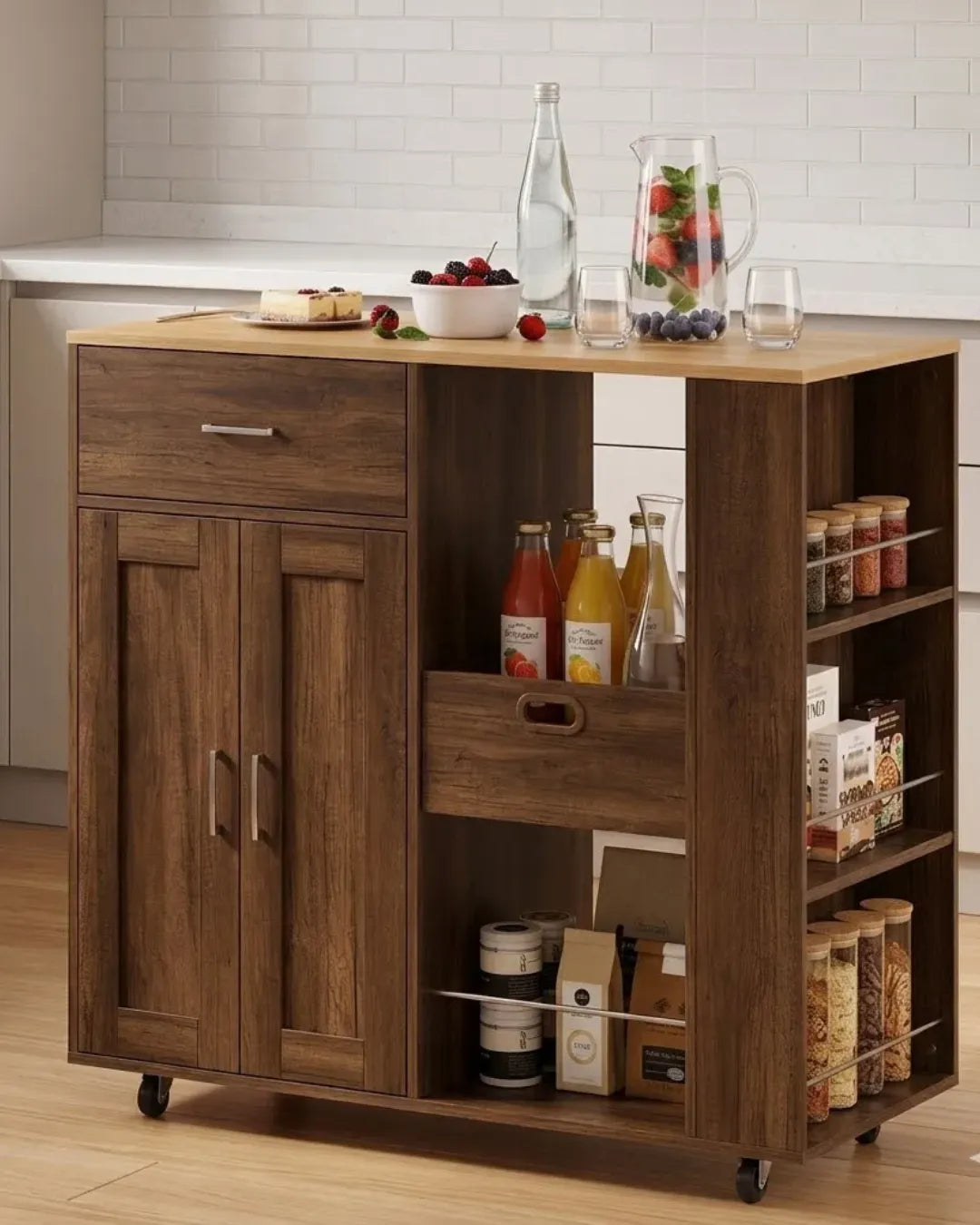 ilot de cuisine mobile modèle Alba couleur noyer et chêne portes fermées