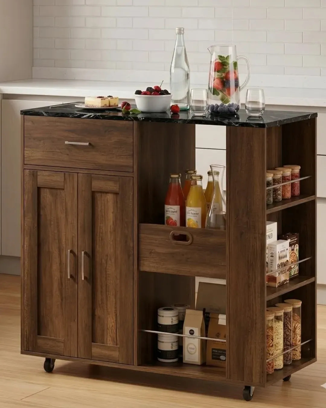 ilot de cuisine mobile modèle Alba couleur noyer et marbre noir portes fermées
