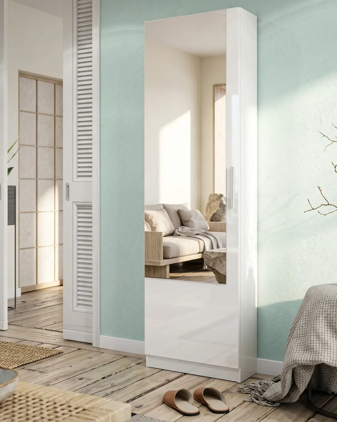 Séléna – Armoire à Chaussures Murale Extra-Plate 180cm avec Miroir Pleine Longueur; couleur blanc