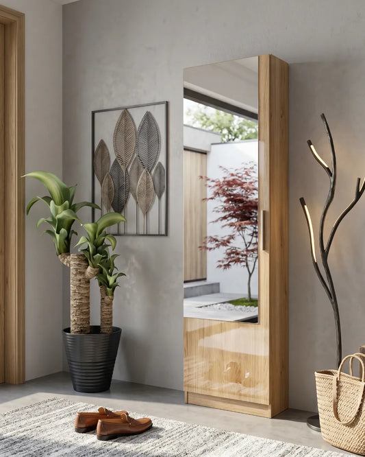 Séléna – Armoire à Chaussures Murale Extra-Plate 180cm avec Miroir Pleine Longueur couleur chêne