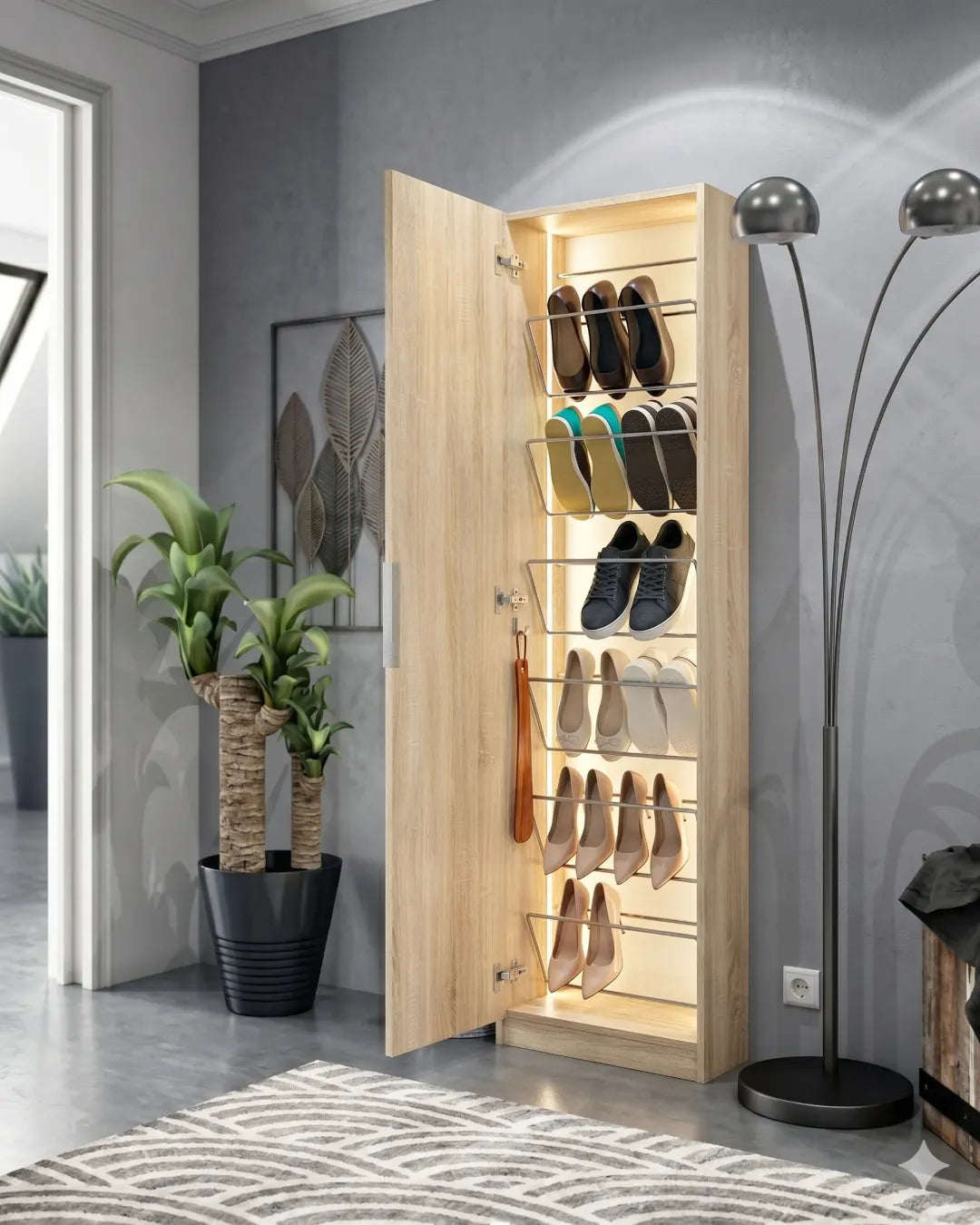 Séléna – Armoire à Chaussures Murale Extra-Plate 180cm avec Miroir Pleine Longueur , chaussures sont rangées  sur les étagères et sécurisées par des barres de maintien en métal