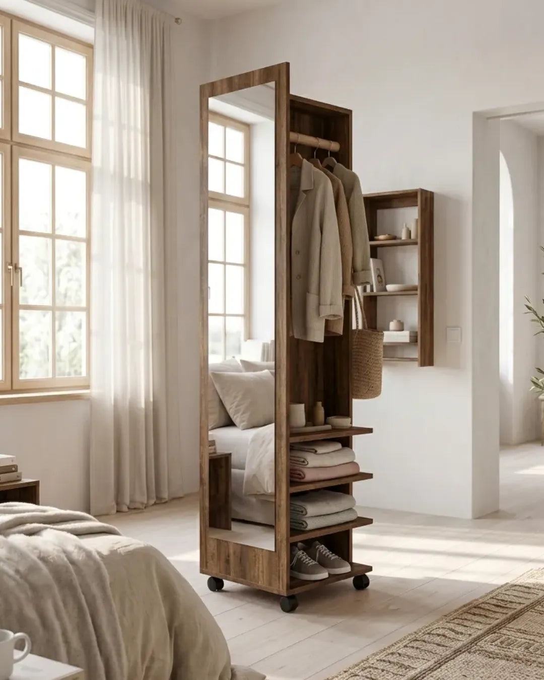 miroir pleine longueur rotatif avec penderie et étagères couleur noyer modèle Valéria dans une chambre