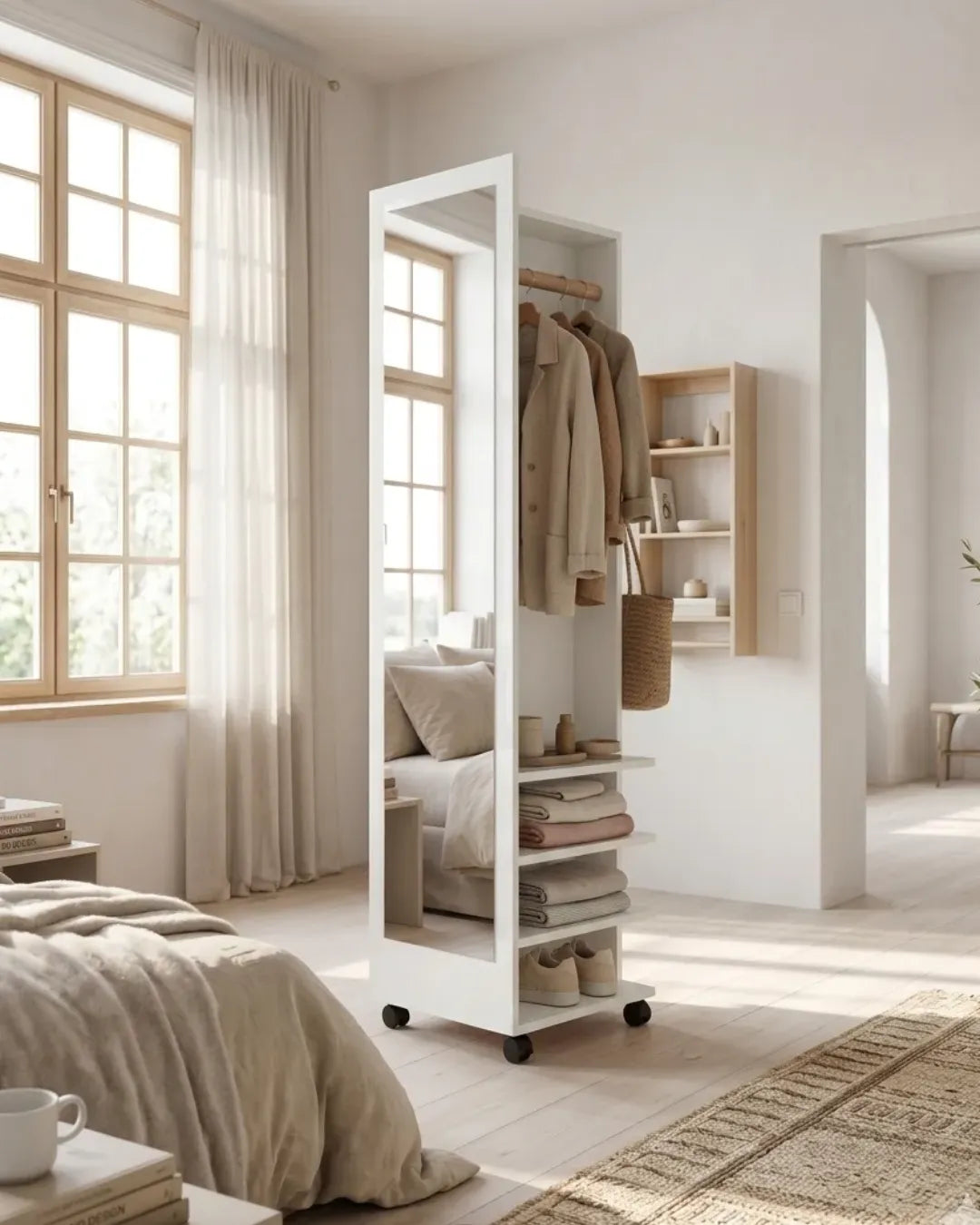 miroir pleine longueur rotatif avec penderie et étagères blanc modèle Valéria dans une chambre à coucher