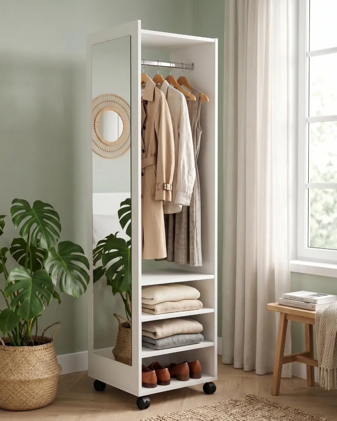 miroir peine longueur rotatif avec penderie et étagères blanc dans une chambre à coucher vue latérale
