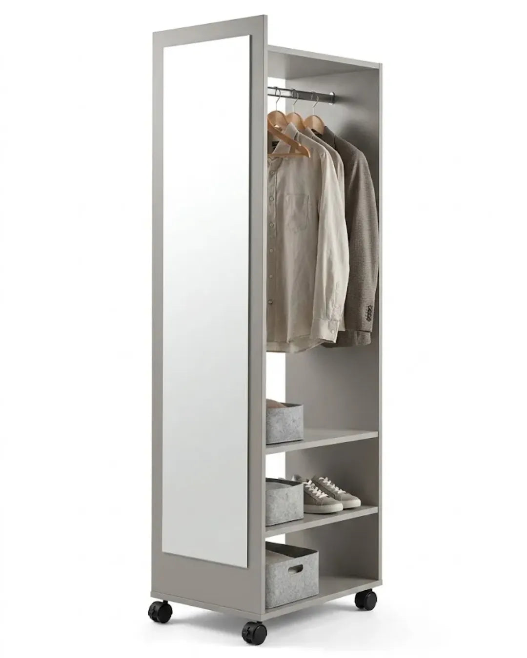 miroir pleine longueur rotatif aven penderie et étagères modèle Valéria gris