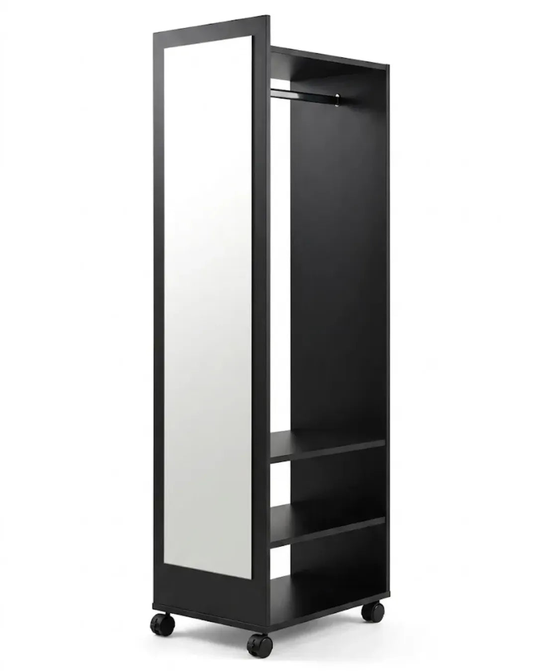 miroir pleine longueur rotatif avec penderie et étagères modèle Valéria noir